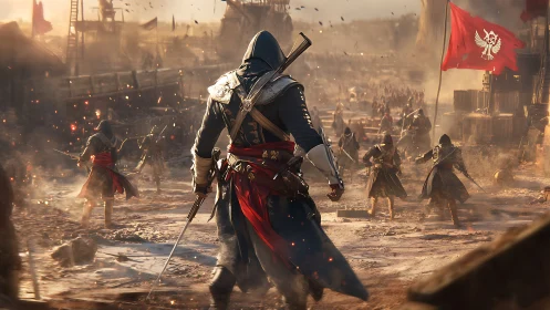 Hooded swordsman strides into a blazing battlefield of rogues.