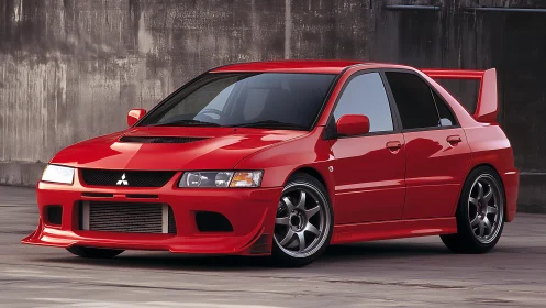 Red Mitsubishi sedan with aero kit is parked by concrete wall