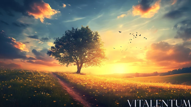 Single tree stands in a field under low sun and scattered clouds