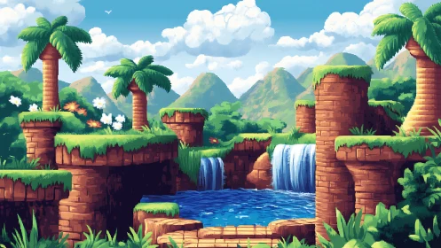 Pixel art jungle landscape with terracotta structures and waterfalls