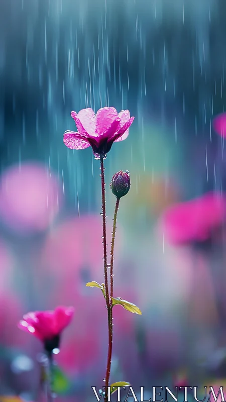 Rain-Kissed Magenta Bloom Stands Resolute in the Downpour