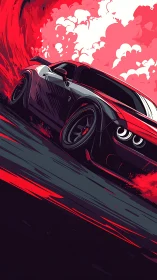 Sports coupe drifts through stylized neon red vortex field.