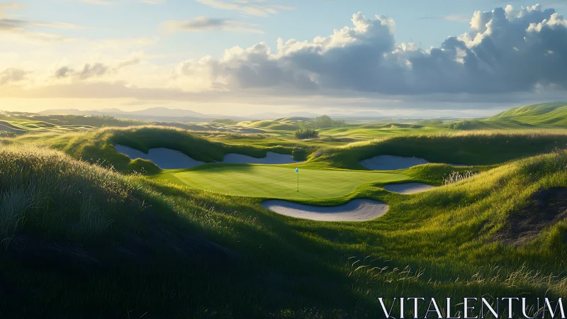 Golden hour over a quiet, rolling links golf green.
