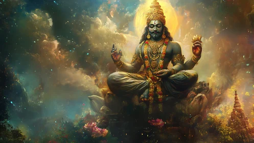 Divine blue deity in luminous cosmic lotus meditation digital.