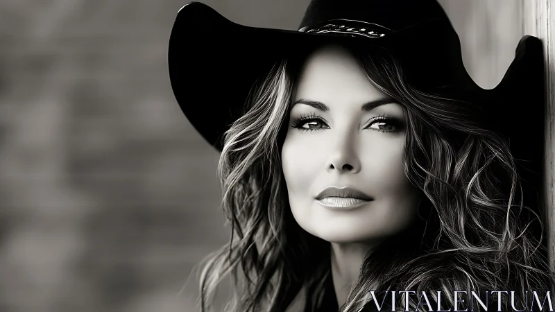 Monochrome portrait of woman in wide-brimmed cowboy hat.