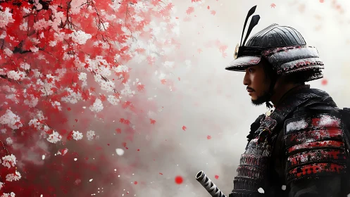 Samurai warrior studies falling sakura under misted sky