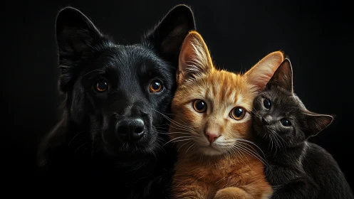 Black German Shepherd, Ginger Tabby, and Ebony Cat Studio Portrait Study