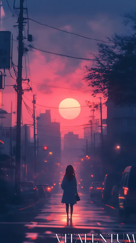 Silhouetted figure on wet city street under pink sunset sky.