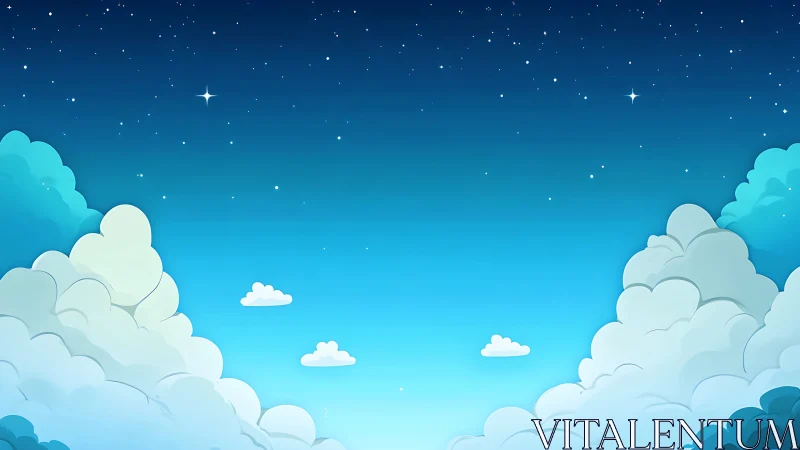 Digital cel-shaded night sky with stylized cumulus banks.
