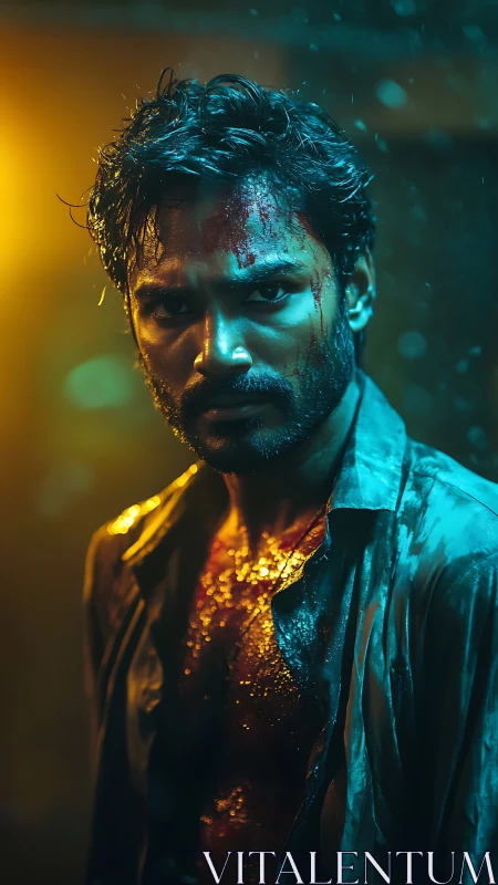 Defiant bloodied man stands under neon rainlit glow