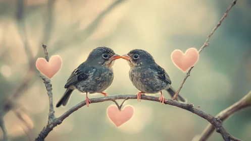 Two Birds Touching Beaks Surrounded by Pink Hearts.