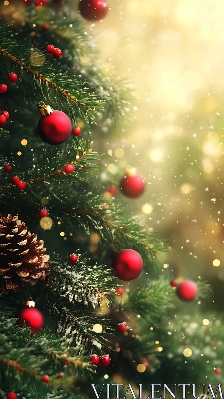 Snow-kissed Christmas tree branches glow in warm light.