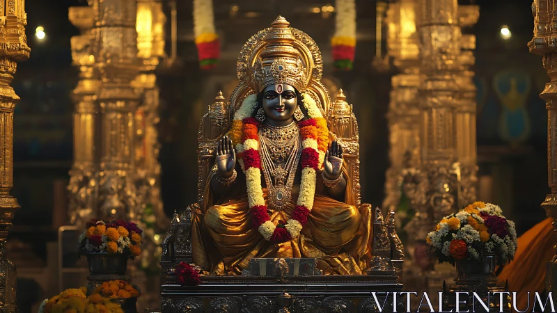 Gold-clad Hindu deity statue with garlands in shrine.