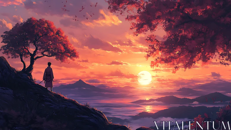 Solitary figure watches vivid sunset over layered mountains
