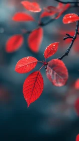 Crimson leaf chorus glittering softly against blue hush.