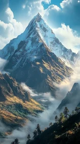 Snowbound mountain peak above misty alpine valley.