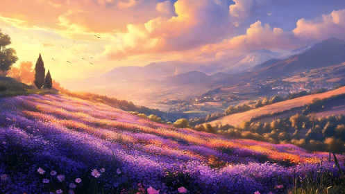 Sunlit lavender hills over valley at glowing sunset.