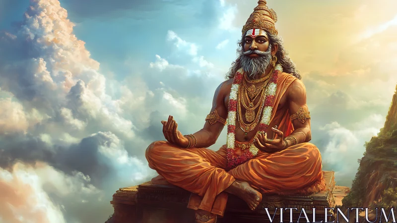 Seated Hindu sage in meditation above clouded landscape.