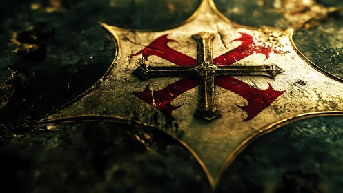 Metallic heraldic cross emblem lies weathered on textured surface