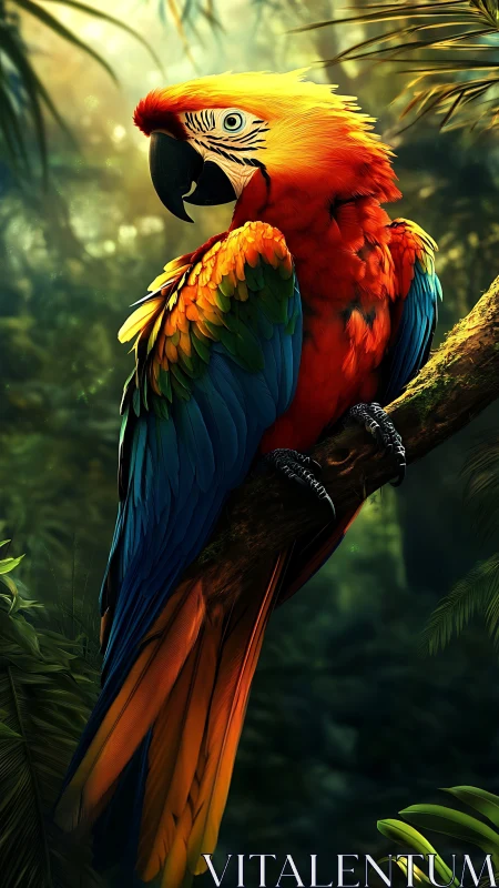 Scarlet macaw perched on branch in dense tropical forest.