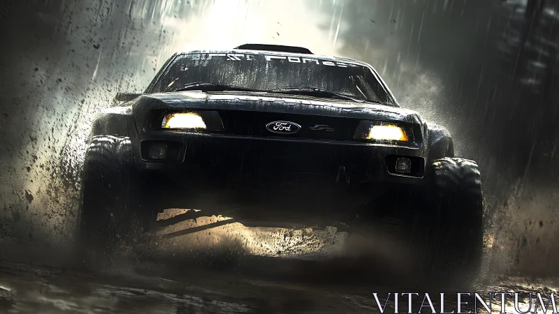 Roaring rally truck powers through rain and flying mud
