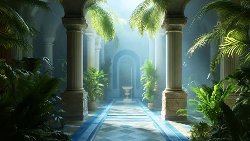 Palatial colonnade with volumetric light and dense tropical foliage.