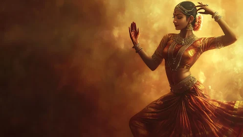 Classical Indian dancer moves through golden swirling light