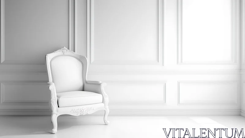 Ornate white armchair rests in a bright neoclassical interior