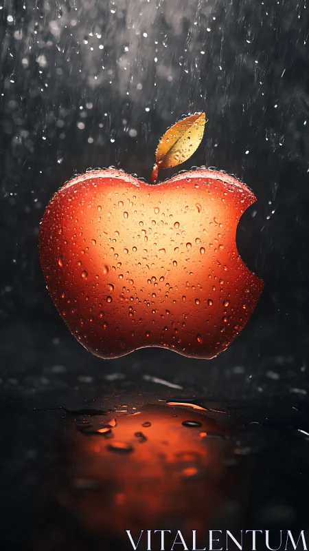 Photorealistic bitten apple logo rendered with cinematic rain lighting