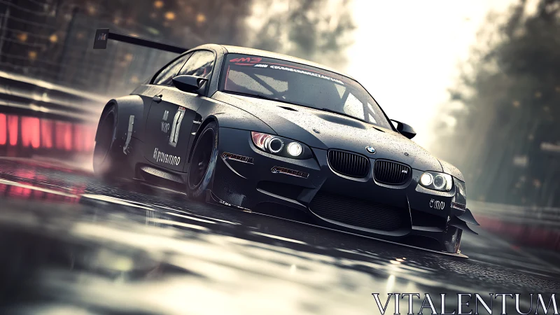 BMW race car powers through wet circuit in dynamic 3D render.
