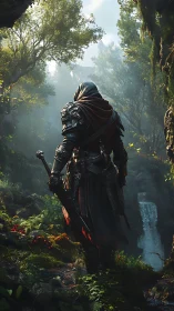 Hooded armored figure standing in dense forest near waterfall.
