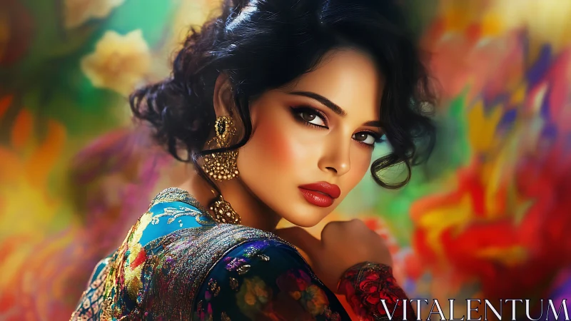 Digital portrait studies ornate attire with saturated bokeh field