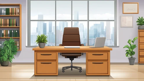Modern executive office with skyline view and warm wood desk.