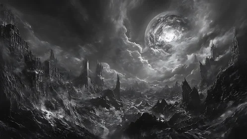 Shattered lunar abyss over desolate gothic wasteland.