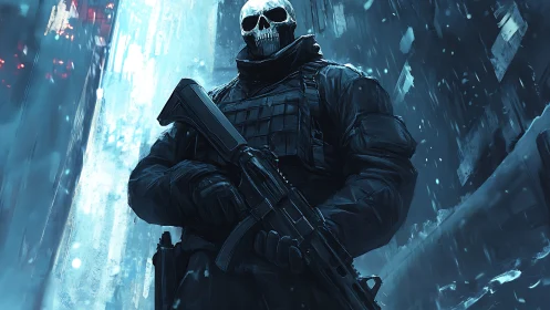 Skull-masked soldier grips rifle in frozen neon alleyway