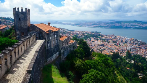 Hilltop castle walkway above sunlit riverside cityscape.
