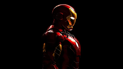 Crimson armored sentinel glows against a void of shadowed night.