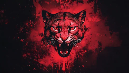 Fierce Cougar Roars in Intense Red Splatter.