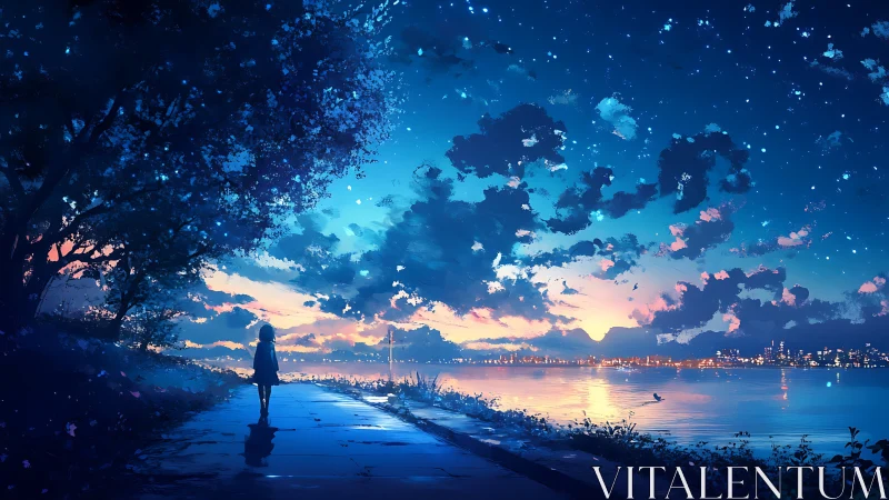 Solitary figure by riverside under starry twilight sky.