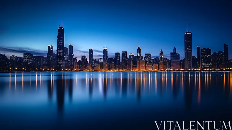 Symmetric blue hour skyline with long exposure waterfront reflections