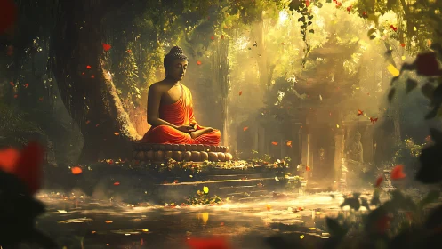 Serene meditating Buddha beneath luminous jungle canopy.