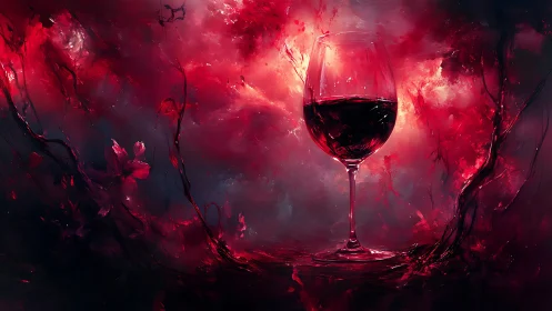 Crystal wine glass in abstract crimson nebula oil painting