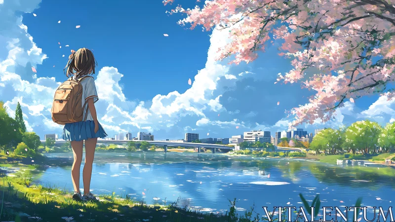 Schoolgirl gazes across riverside city under spring sky