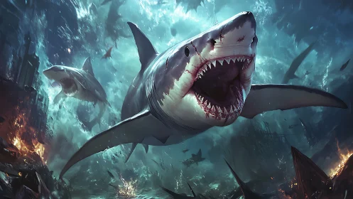 Digital seascape depicts sharks swimming amid wreckage