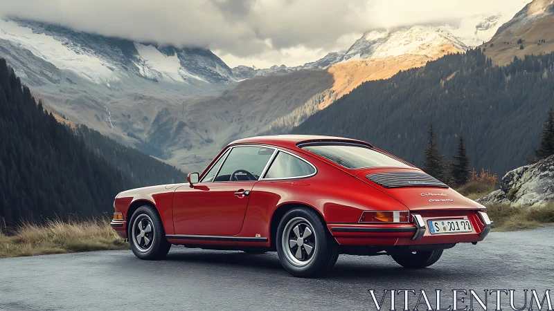 Scarlet classic coupe pausing proudly in chill alpine hush.