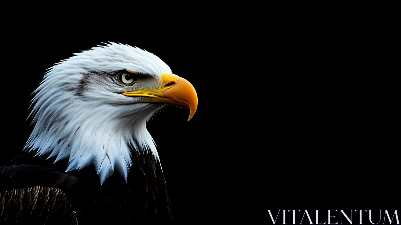 Bald eagle portrait on black background, hyper-realistic digital art.