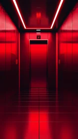 Crimson corridor framing a minimalist closed elevator door.