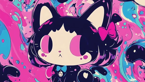 Stylized cat character with pink and blue fluid background.
