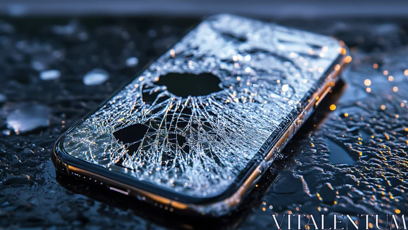 Shattered phone glitters like urban ice on rain-slick night.