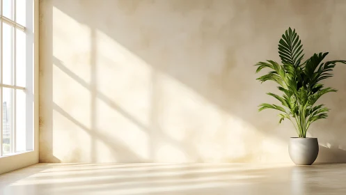 Sunlit corner sanctuary with lush indoor palm in silence.
